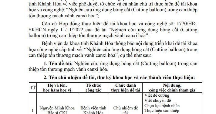 Thông báo công khai nội dung thực hiện Đề tài Khoa học và Công nghệ cấp tỉnh